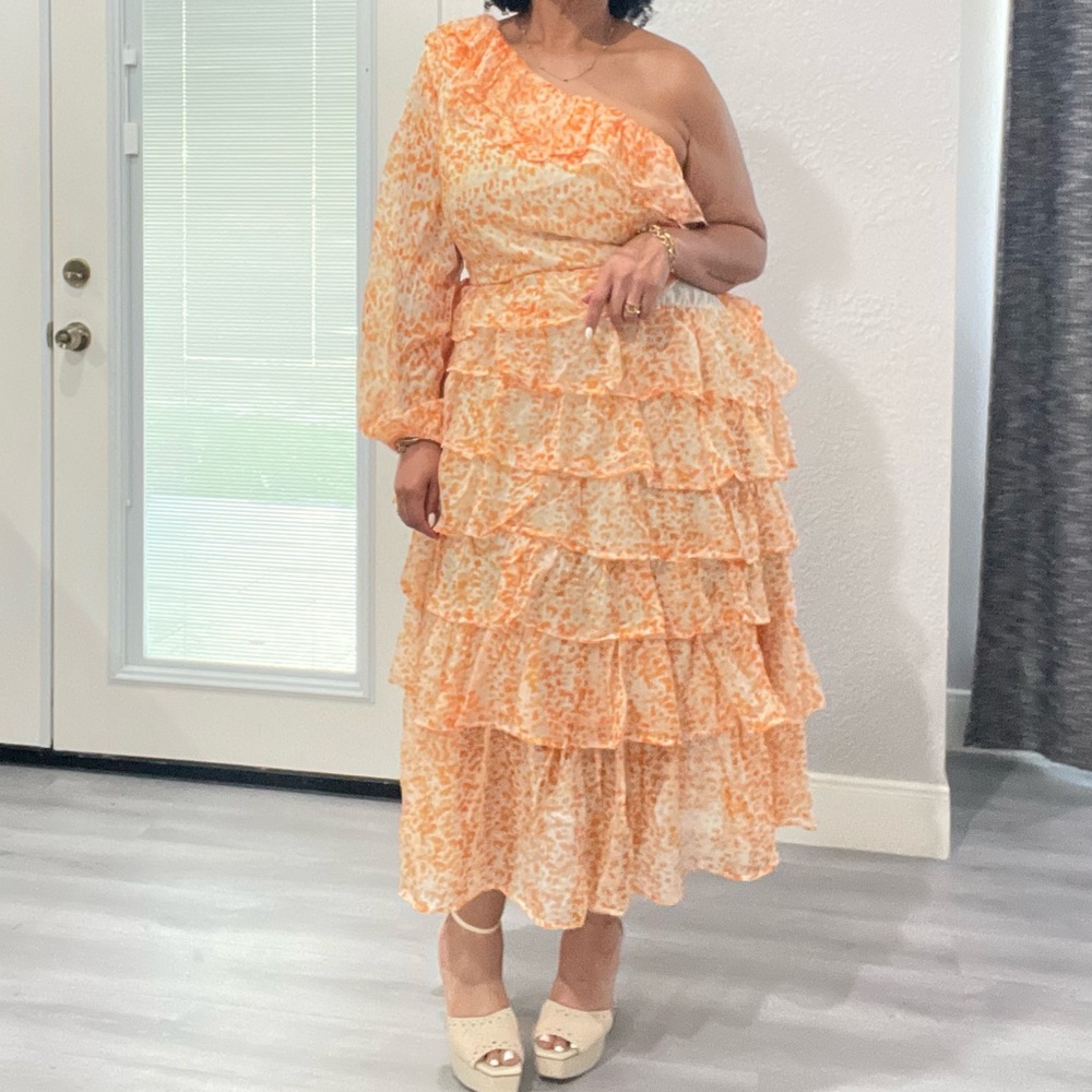Elegant One-Shoulder Orange Ruffle Dress
